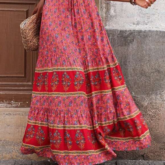 Pink Boho Women's Color Block Butterfly Printed Maxi A-Line Skirt For Vacation - Picture 5 of 6